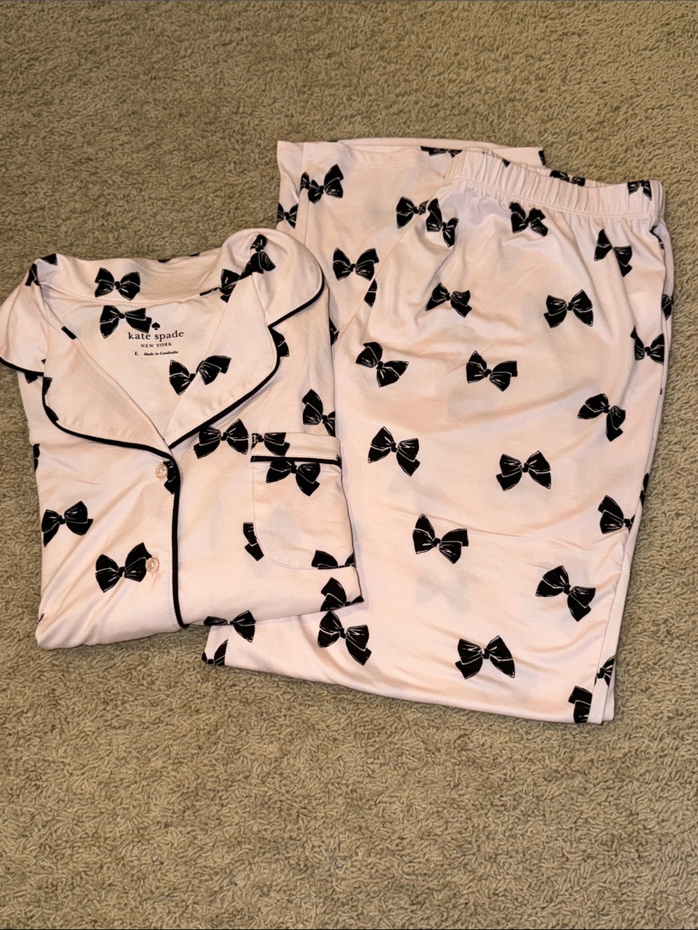 kate spade Light Pink Bow-Print Pajama Set with Black Trim